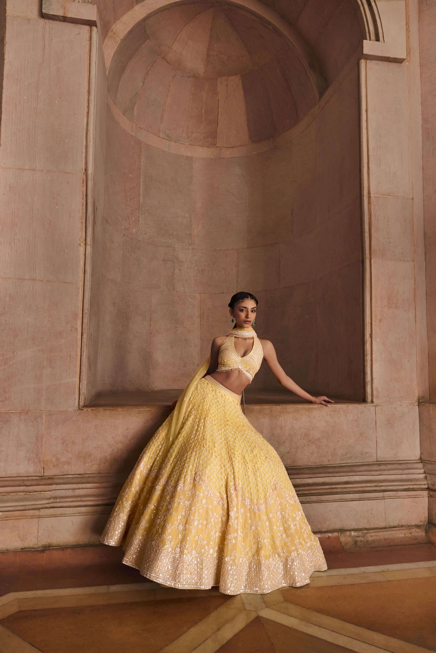 Lemon Yellow Halter Neck Lehenga Set