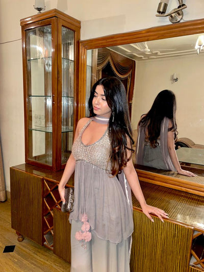 Warm Gray and Pearl Halter Peplum Set