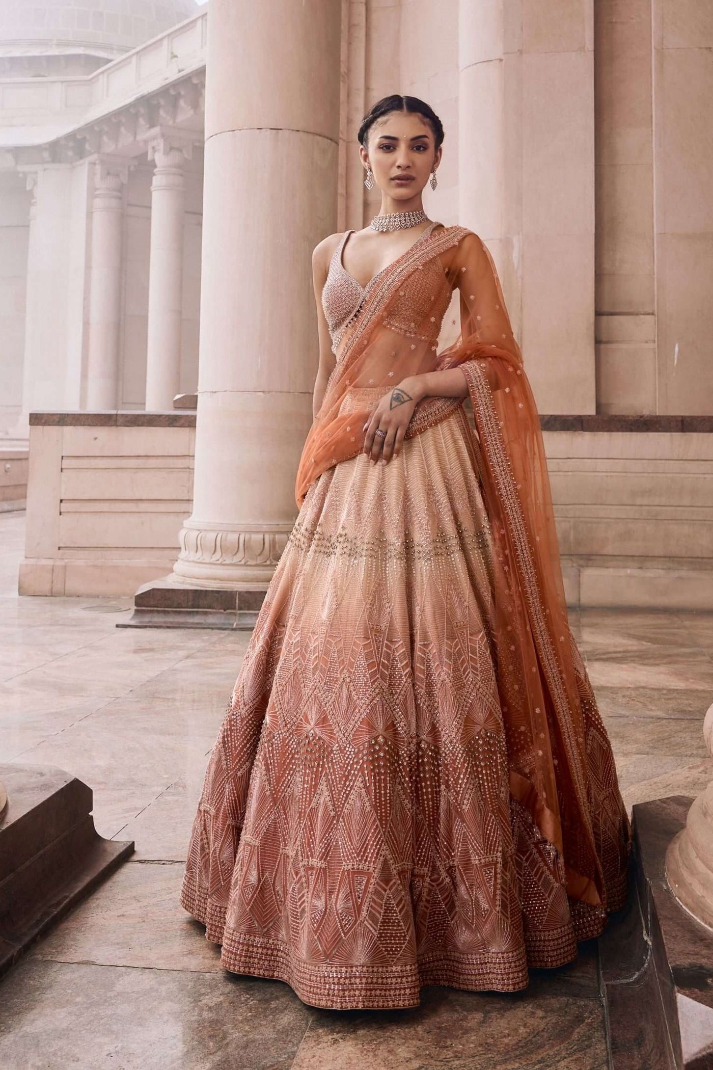 Peach fuzz & Cream Ombre Lehenga Set