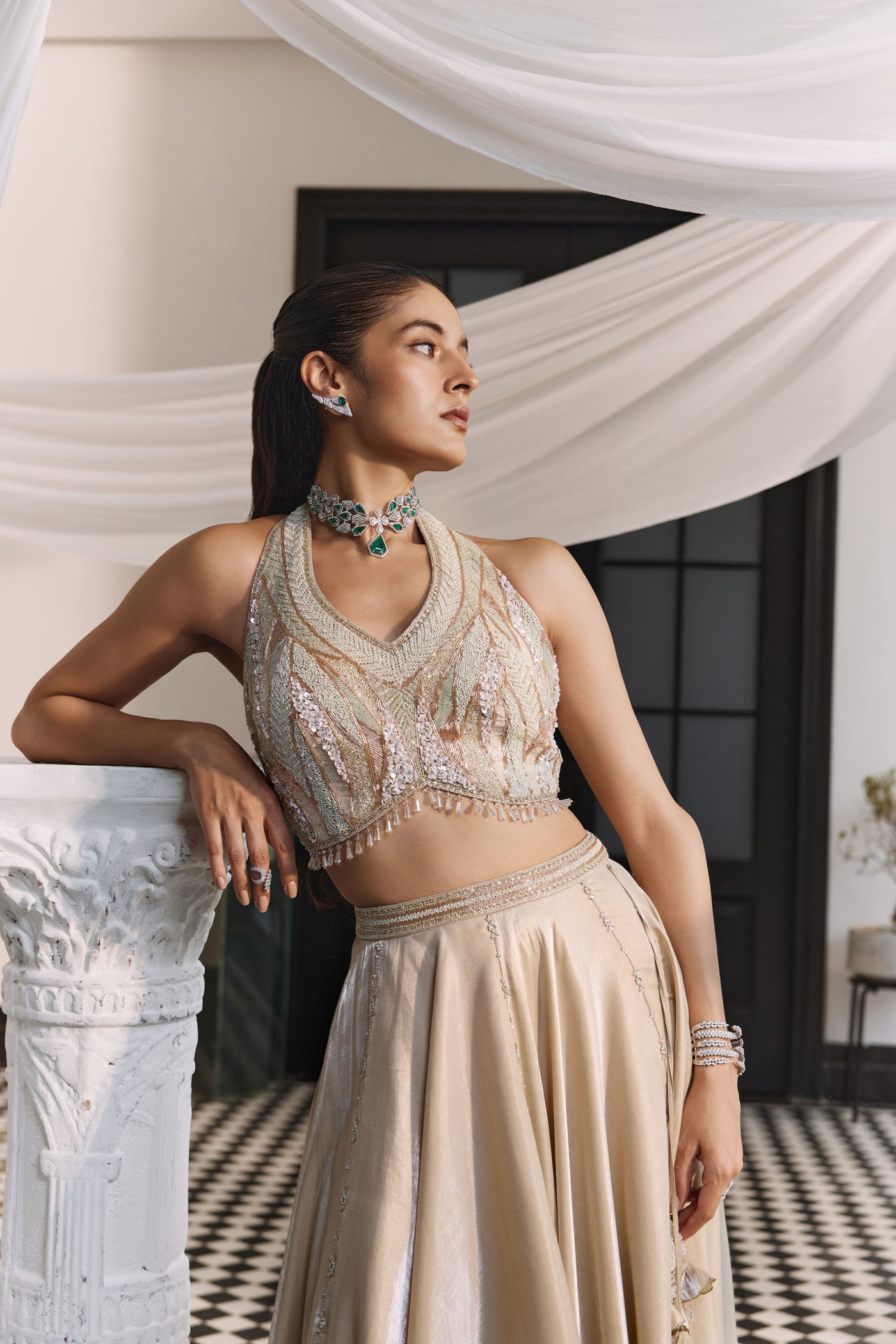 Halter Champagne Lehenga Set