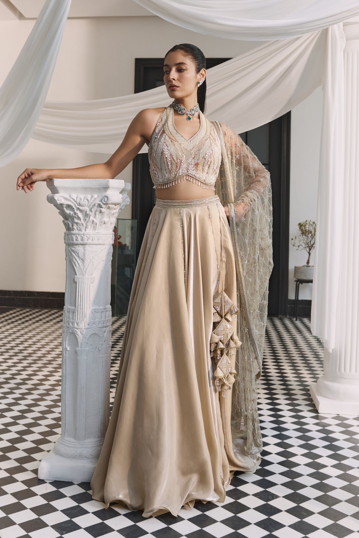Halter Champagne Lehenga Set