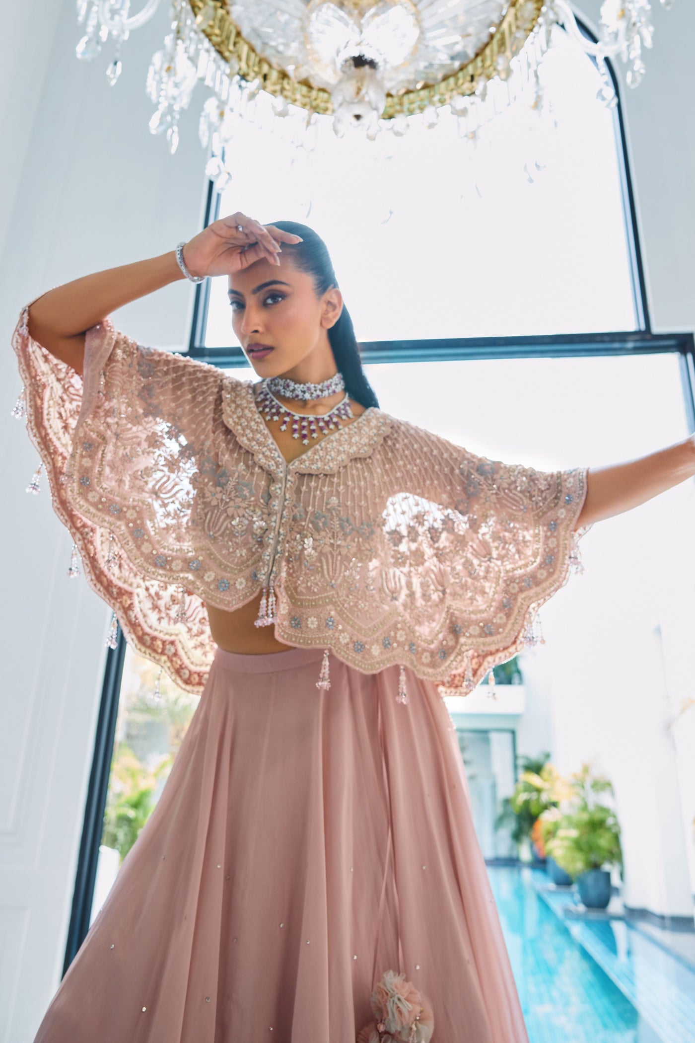 Pale Pink Lapel Collar Cape Set