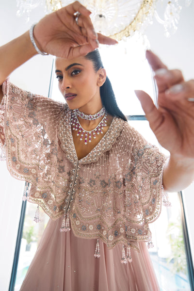 Pale Pink Lapel Collar Cape Set