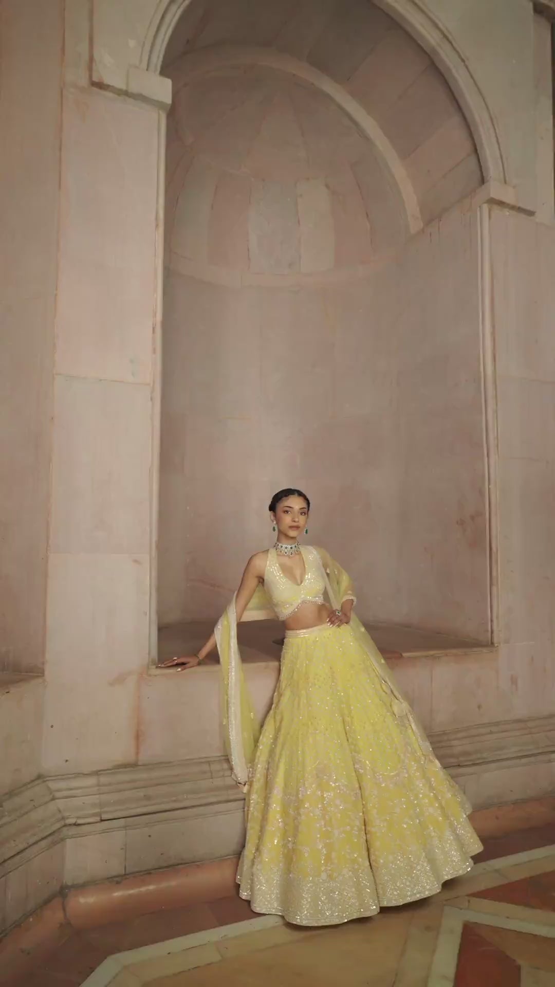 Lemon Yellow Halter Neck Lehenga Set