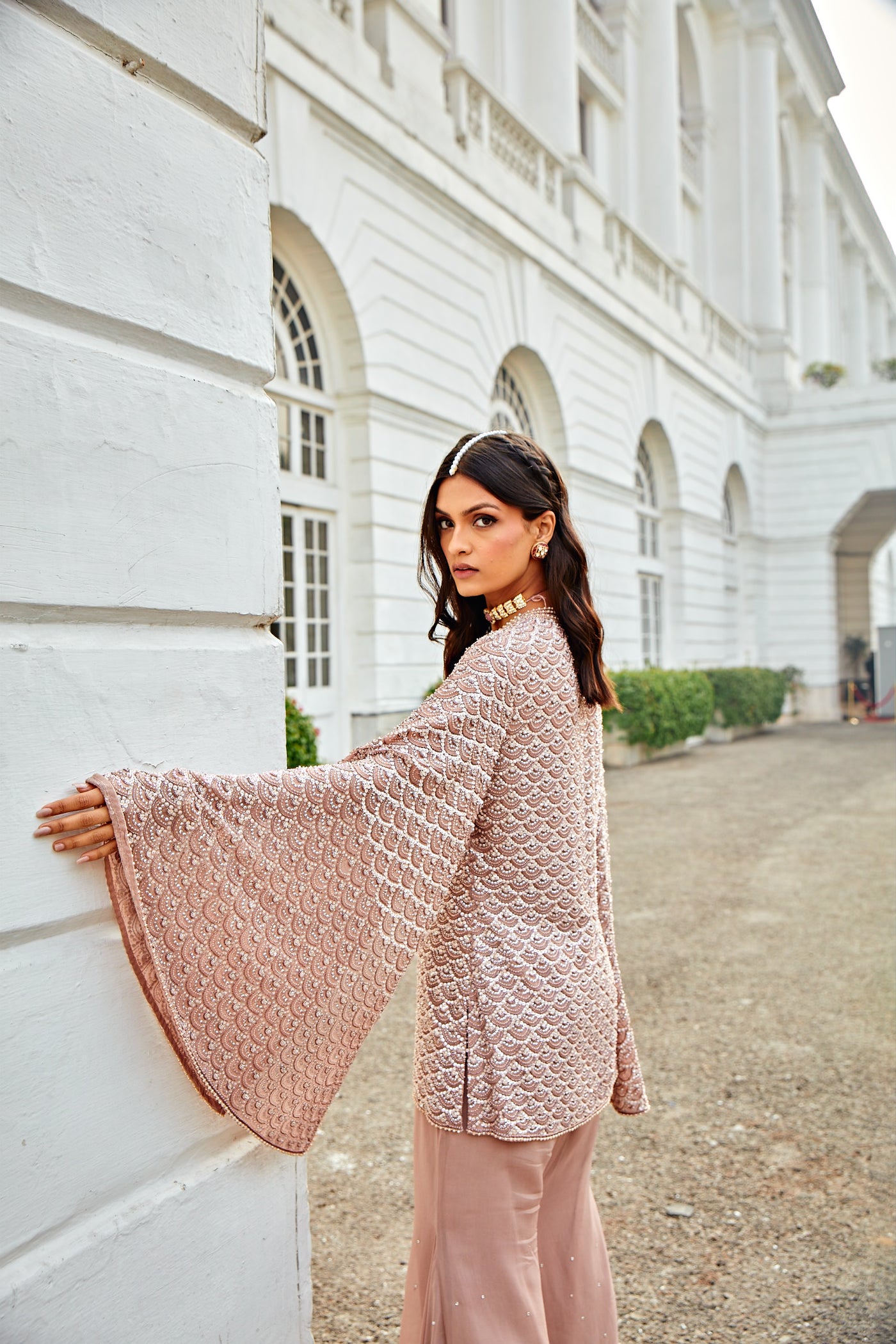 Rose Dust Slit Sleeves Jacket & Flare Pants Set.
