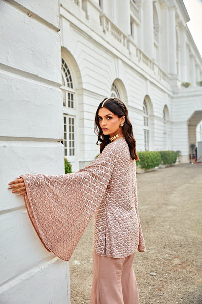 Rose Dust Slit Sleeves Jacket & Flare Pants Set.