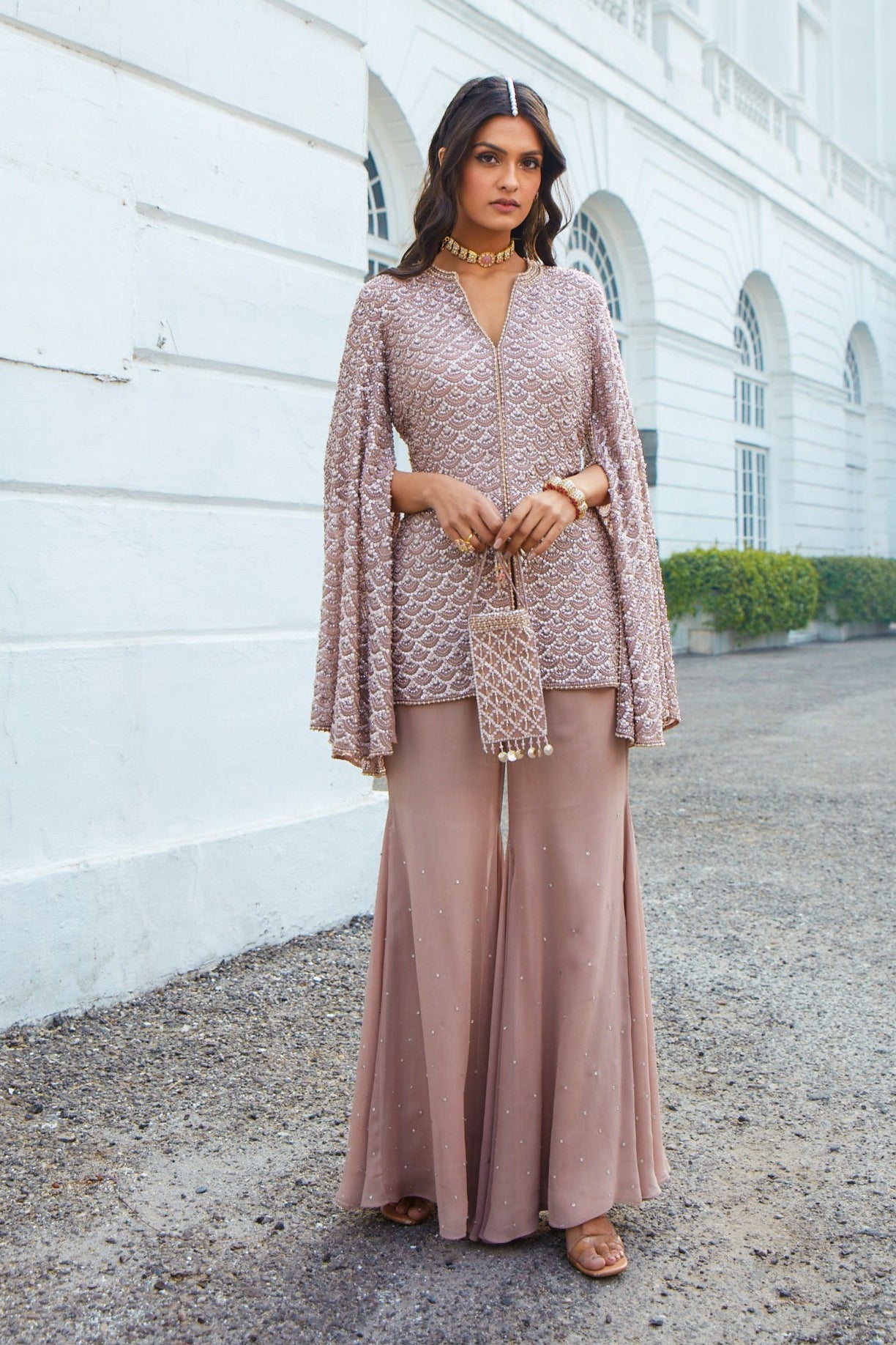 Rose Dust Slit Sleeves Jacket & Flare Pants Set.
