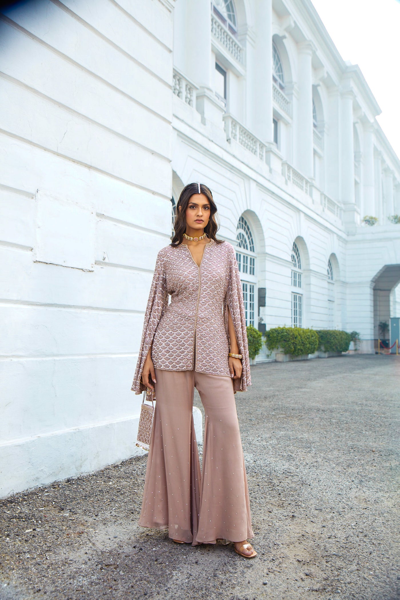 Rose Dust Slit Sleeves Jacket & Flare Pants Set.