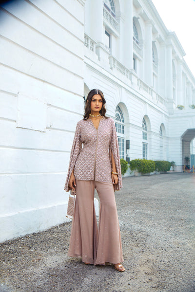 Rose Dust Slit Sleeves Jacket & Flare Pants Set.