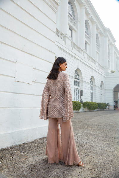 Rose Dust Slit Sleeves Jacket & Flare Pants Set.