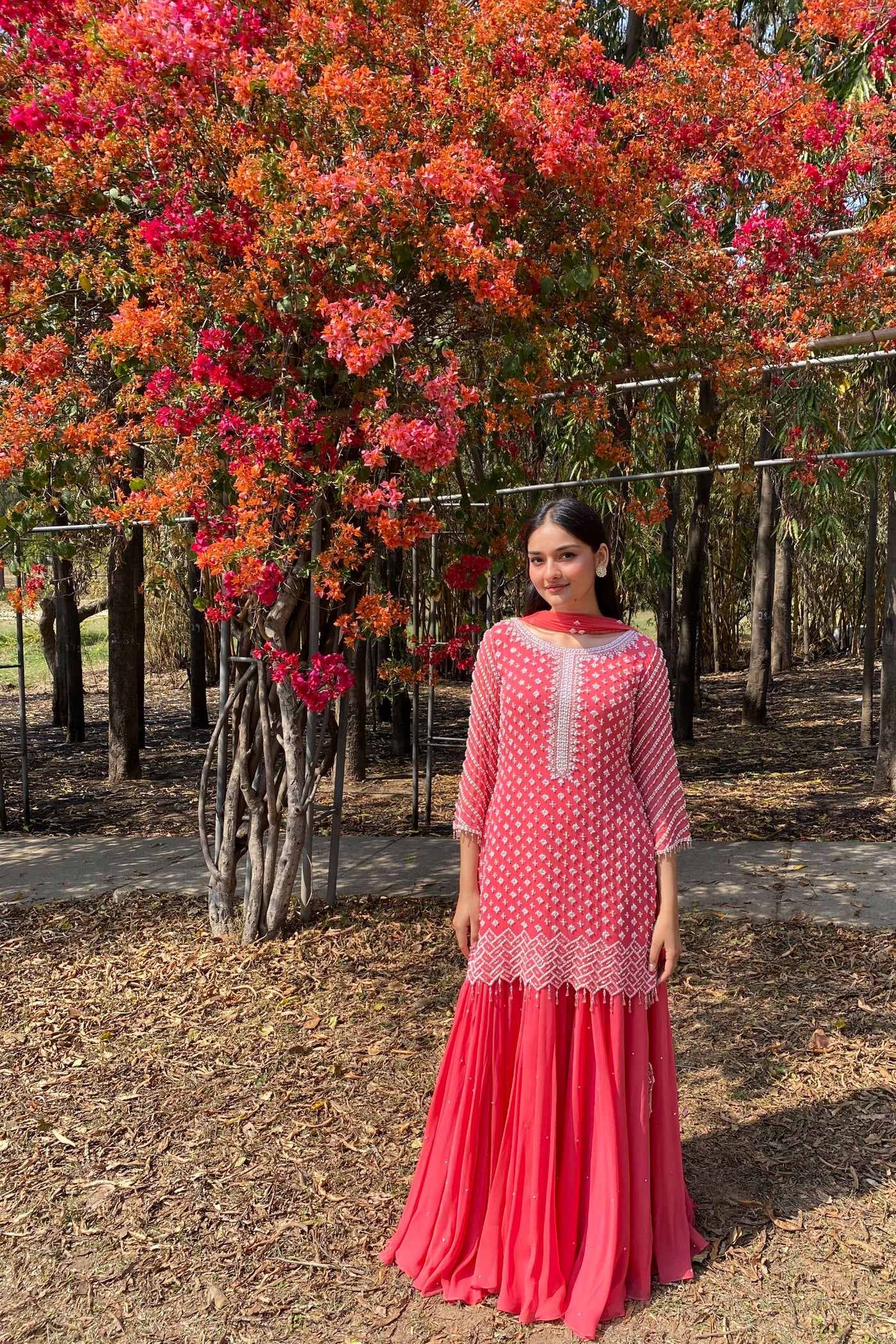 Anureet Bajwa in our Coral Pink Short Shirt Set