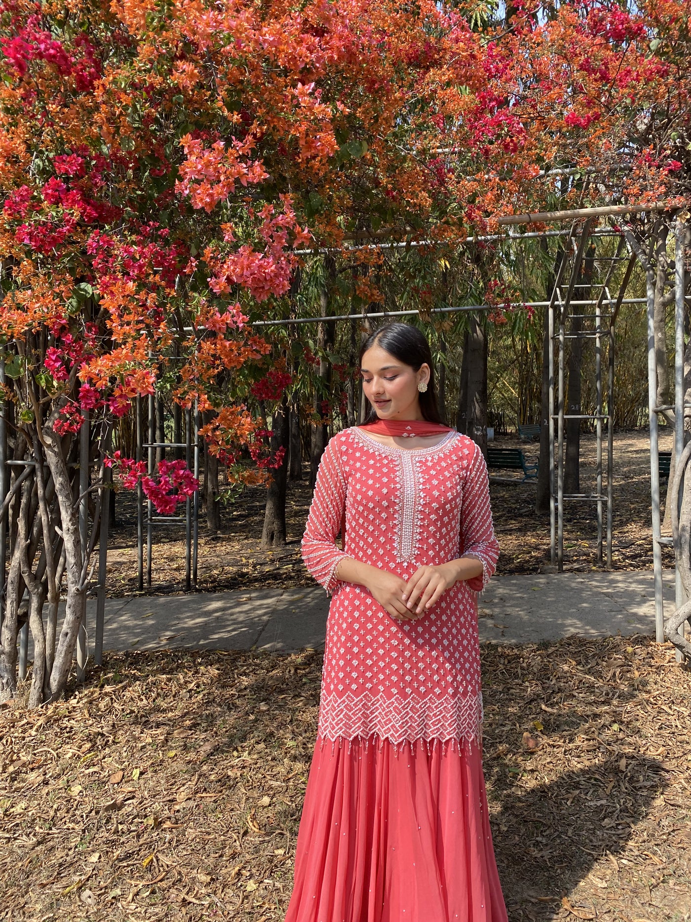 Anureet Bajwa in our Coral Pink Short Shirt Set