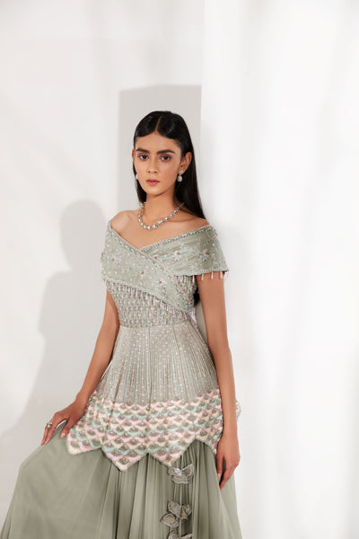 Tea Green Peplum Skirt Set