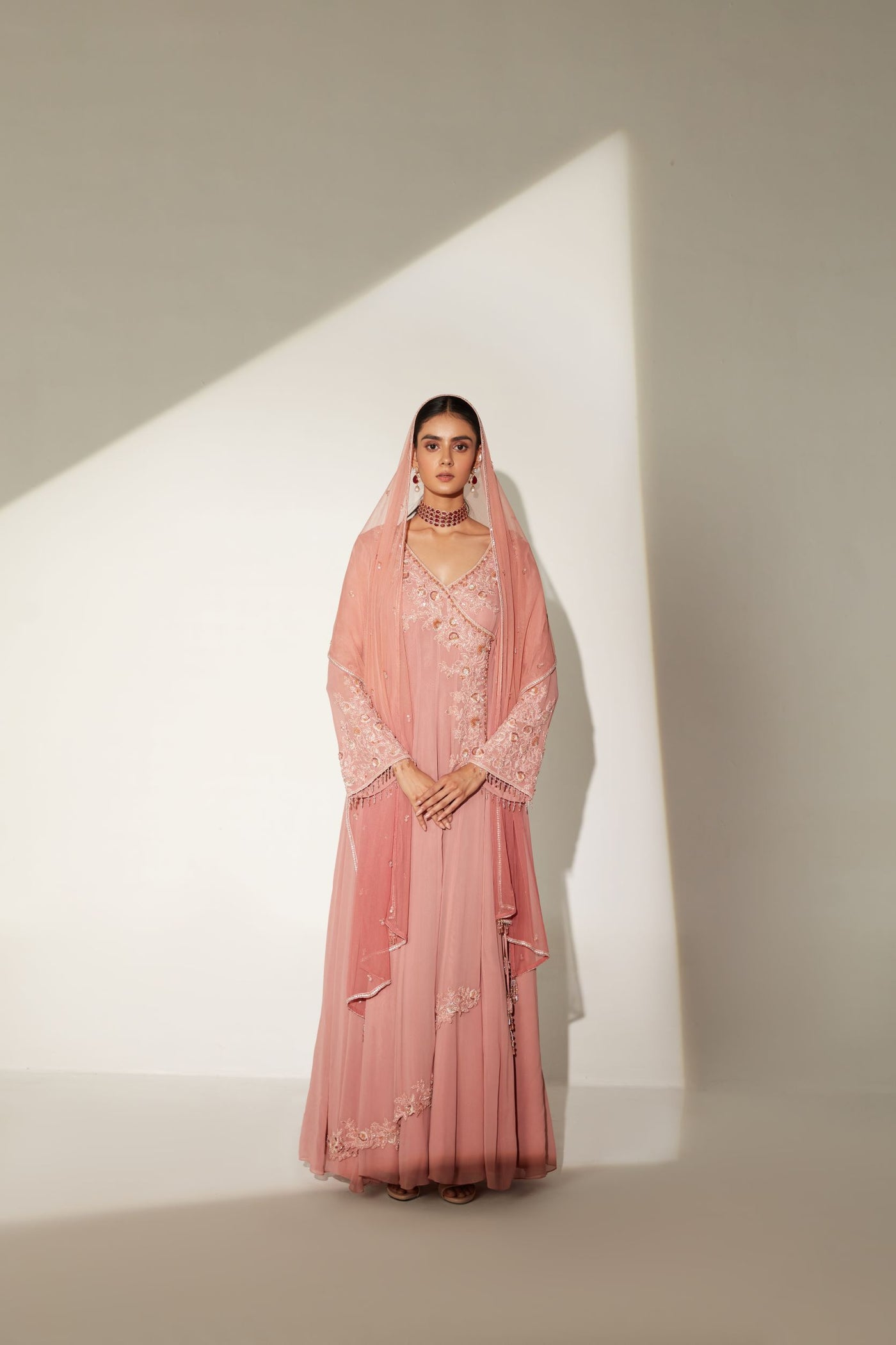 Buffed Peach Angrakha Anarkali Set