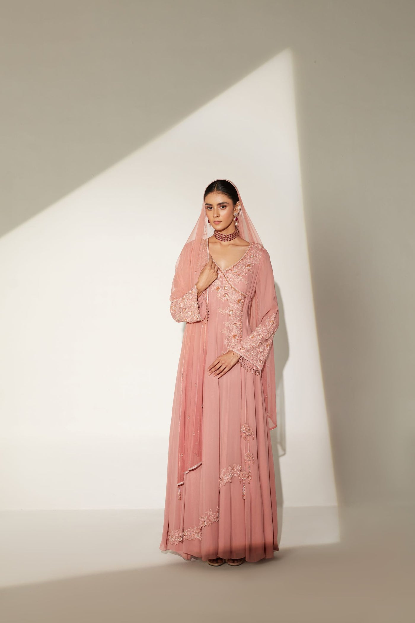 Buffed Peach Angrakha Anarkali Set