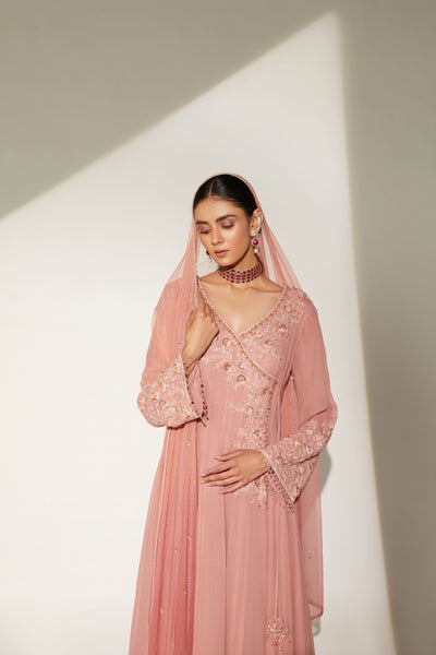 Buffed Peach Angrakha Anarkali Set