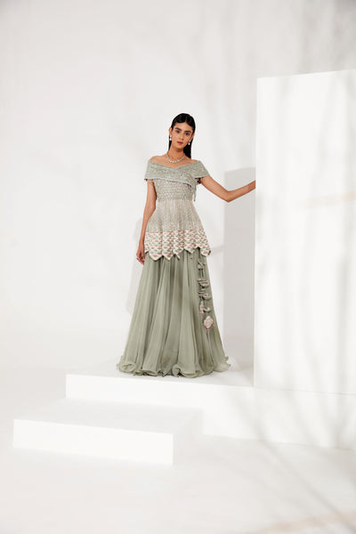 Tea Green Peplum Skirt Set