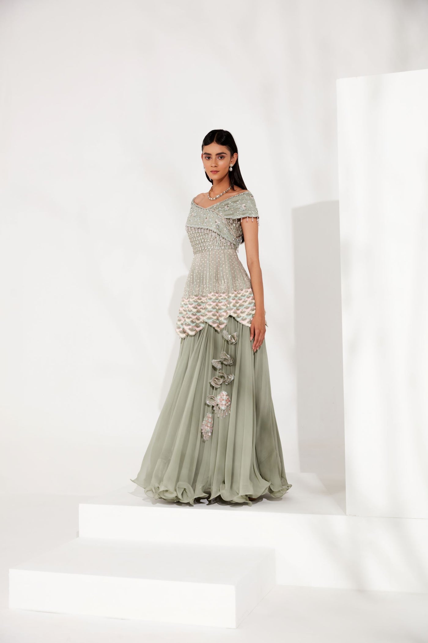 Tea Green Peplum Skirt Set