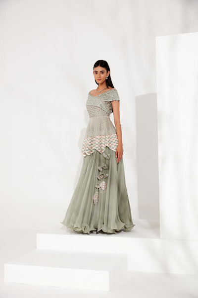Tea Green Peplum Skirt Set