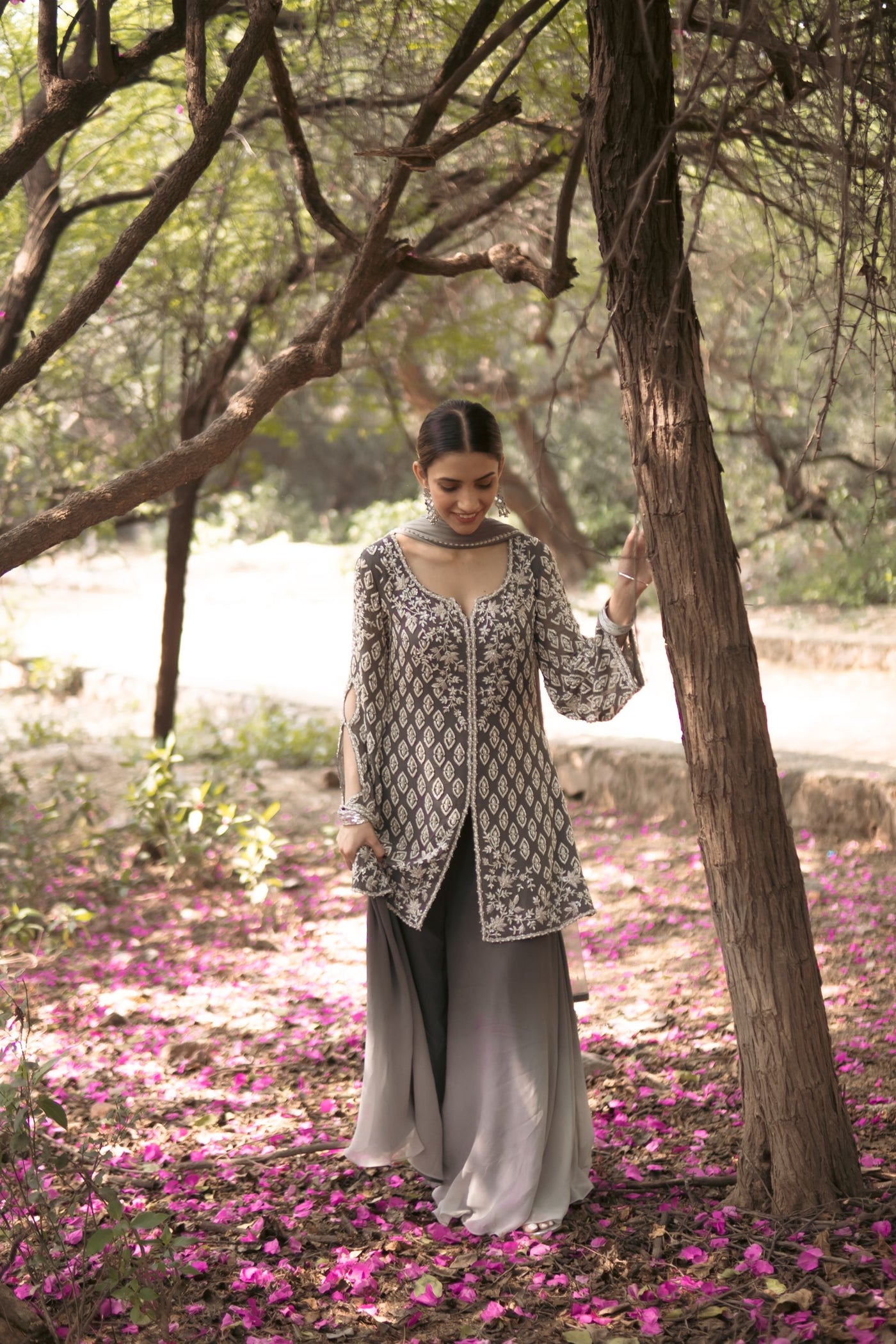 Shreya Lakhani in our Smoke Grey Short Shirt Set