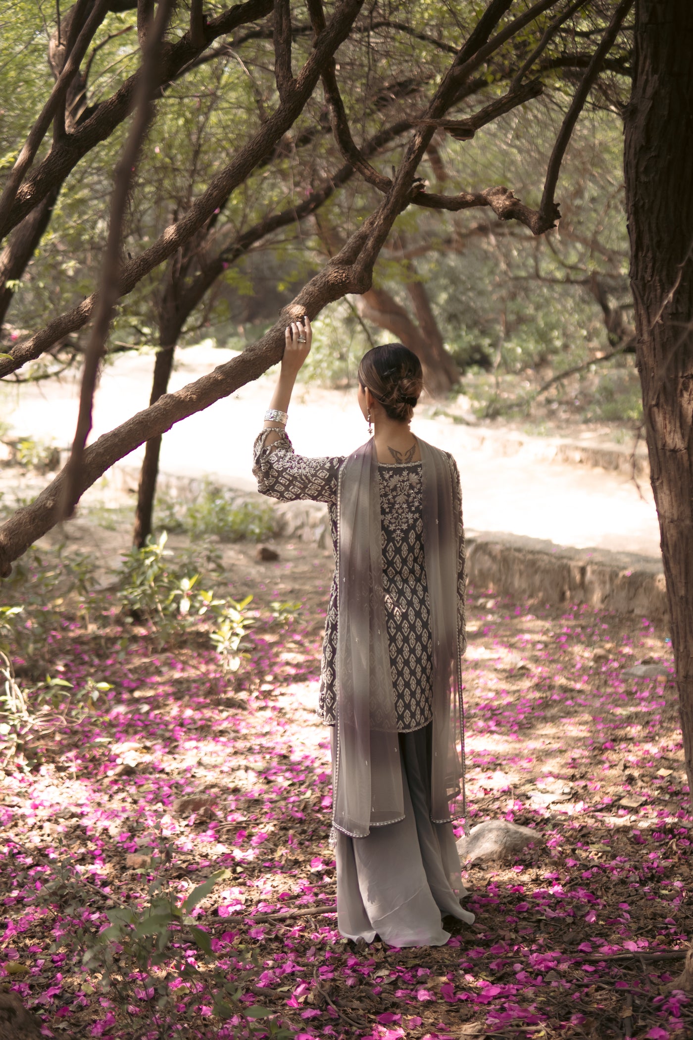 Shreya Lakhani in our Smoke Grey Short Shirt Set