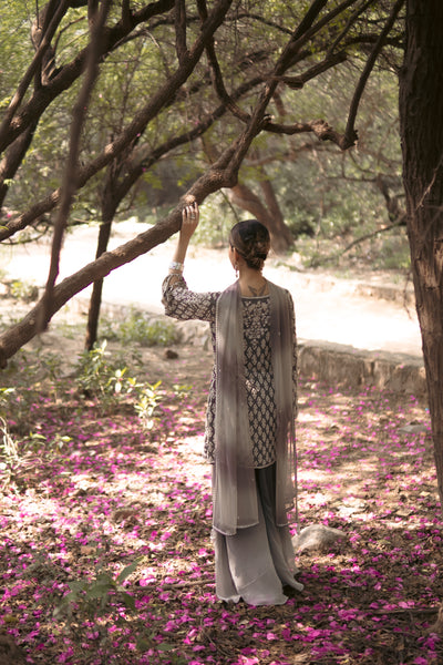 Shreya Lakhani in our Smoke Grey Short Shirt Set